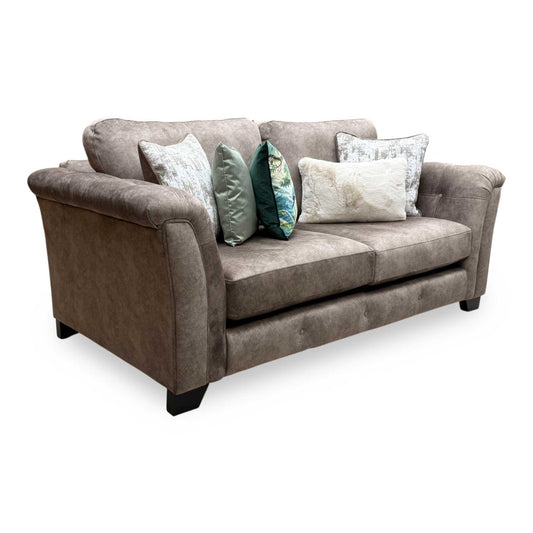 Full view of the Aura 3-seater classic back sofa in Kenzo Chocolate Brown, showcasing its deep tailored seating, robust frame silhouette, and matching accent scatter cushions.