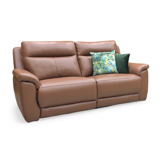 Full view of the Bobby 3-seater power recliner sofa in tan brown leather, showcasing its classic padded silhouette, prominent lumbar support cushions, and rich warm tones.