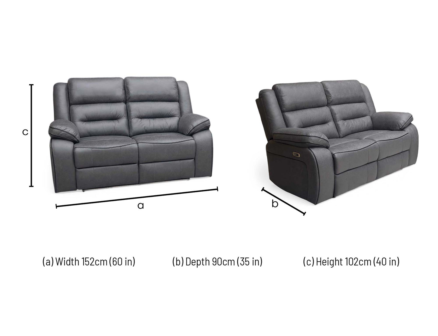 Product dimension and specification graphic for Vegas charcoal grey 2-seater power recliner sofa. Diagram shows exact width, backrest height, seat height, and wall-clearance requirements needed for full home cinema reclining extension.