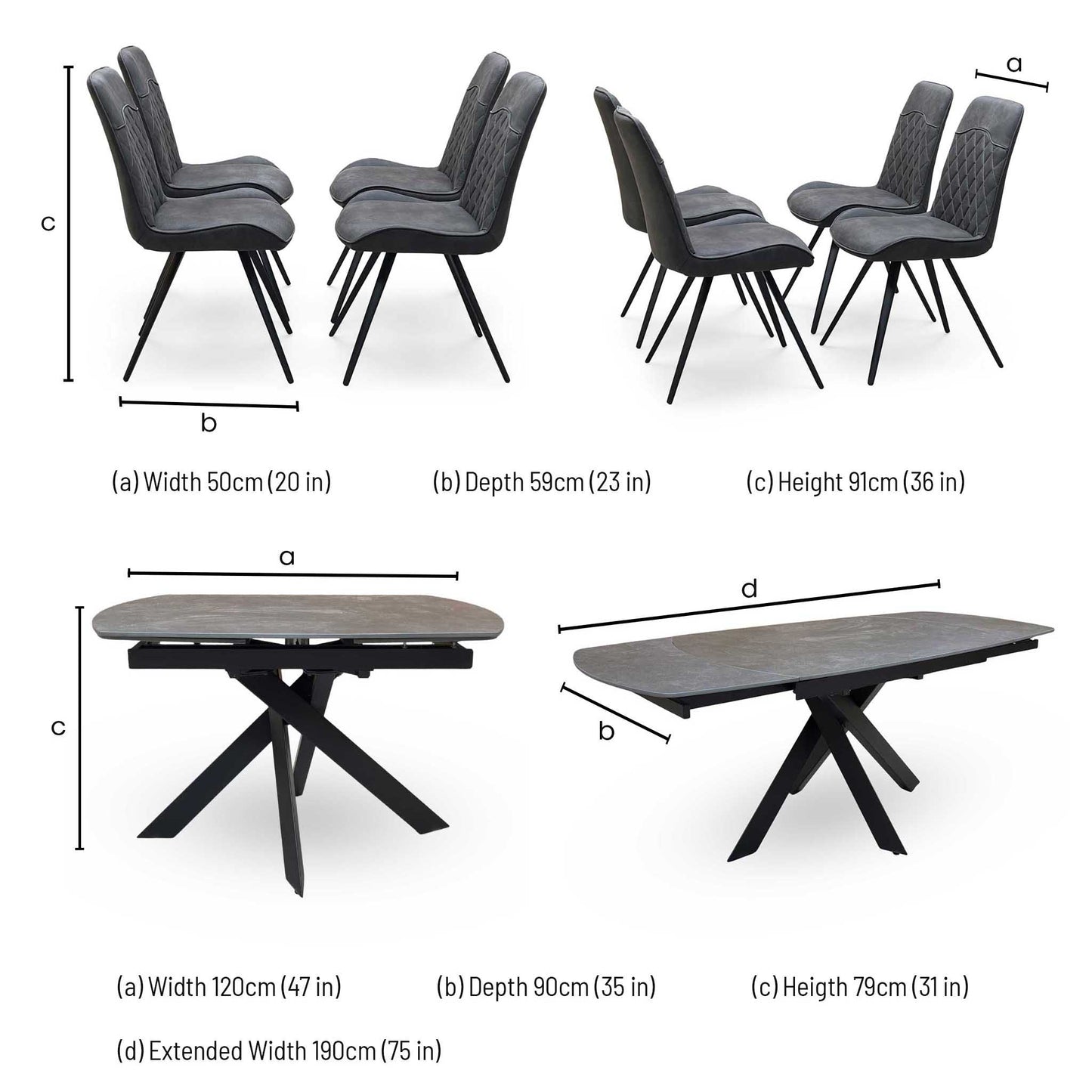 'Warrior' Grey Sintered Stone Swivel Extending Dining Table with Charcoal Grey Fabric Standard Dining Chairs - Set of 4 Furniture Village