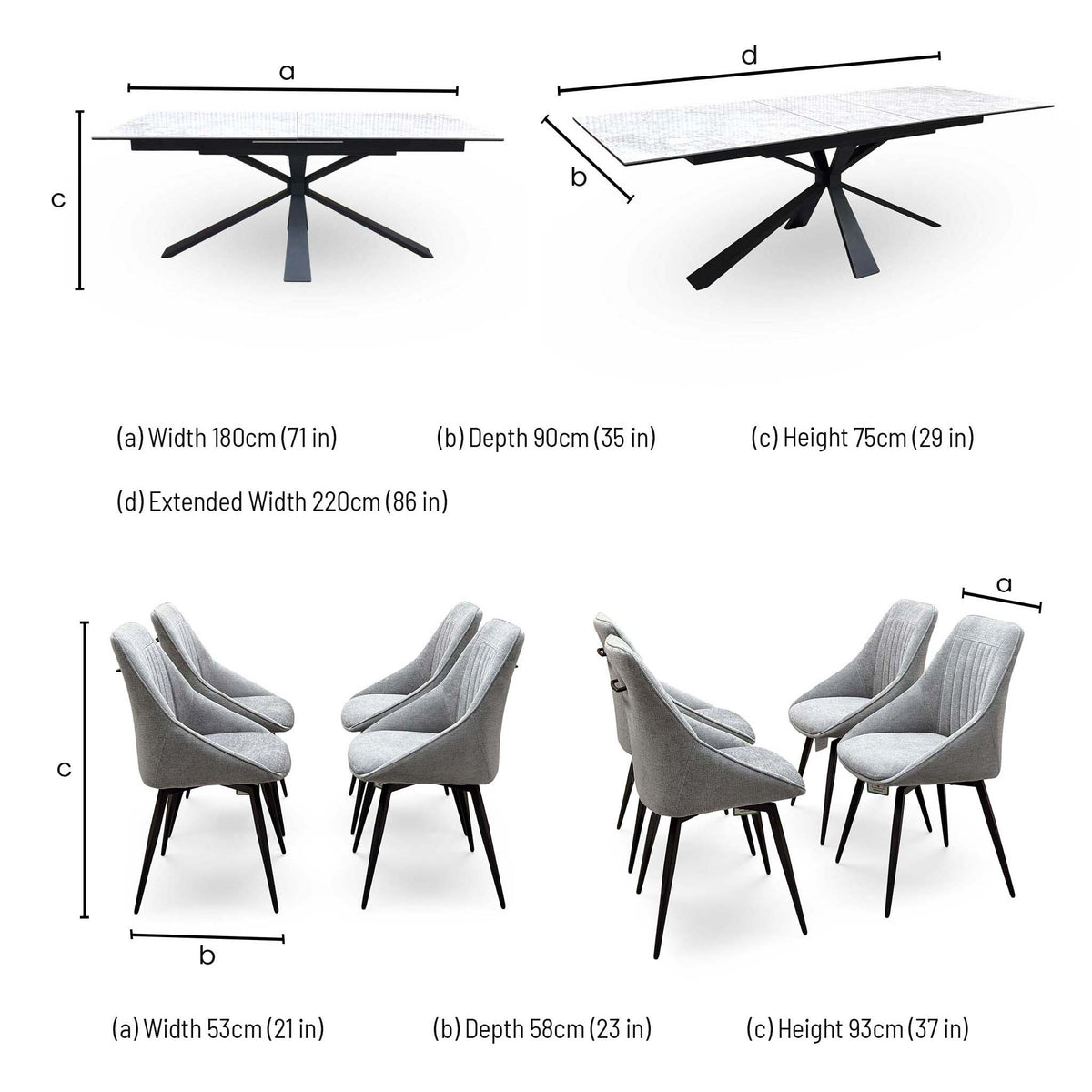'Crete' Ceramic Top 180cm Large Extending Dining Table + Light Grey Fabric Swivel Dining Chairs - Set of 4