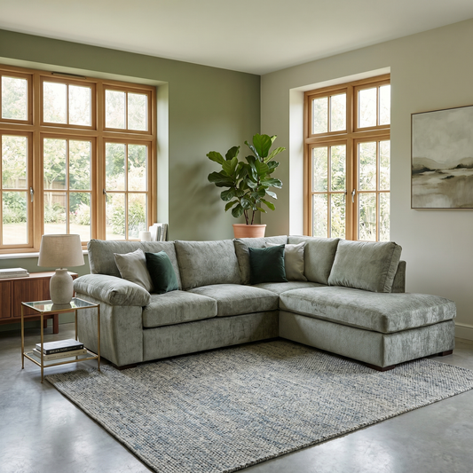 ‘Salerno’ Olive Green Fabric Standard Seater Right Hand Corner Chaise Sofa