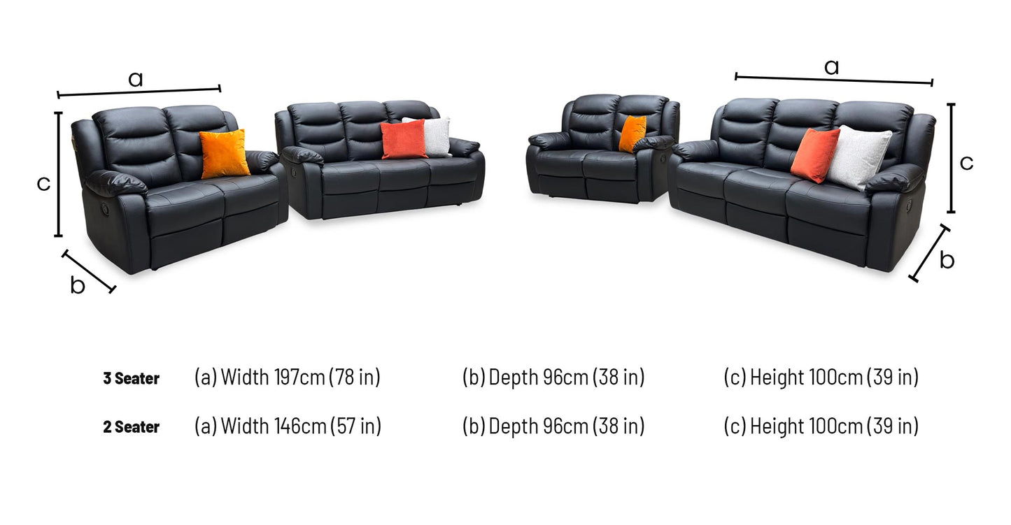 ‘Rothbury’ Black Faux Leather 3 + 2 Seater Manual Recliner Sofa Set