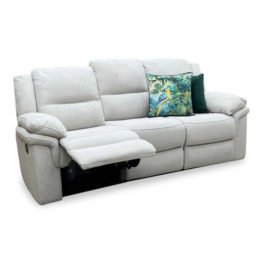 Full View ‘Moderna’ contemporary 2+2 seater sofa set, featuring one power recliner sofa and one standard fixed sofa upholstered in rich Airforce Blue linen-look fabric.