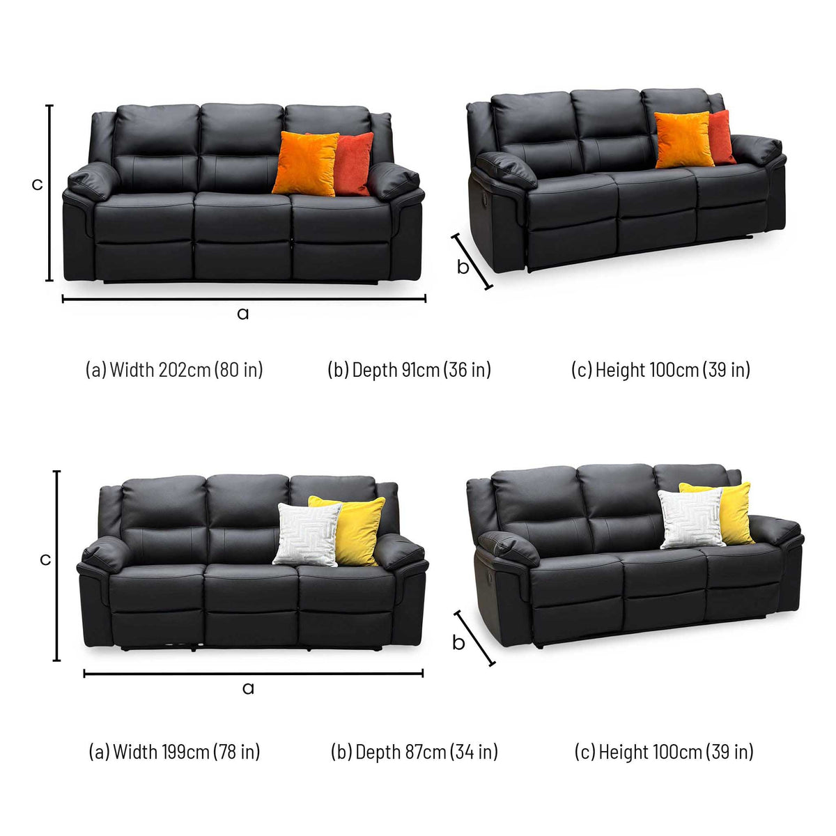 ‘Albion' Black Luxury Faux Leather 3 + 3 Seater High Back Manual Recliner Sofa Set