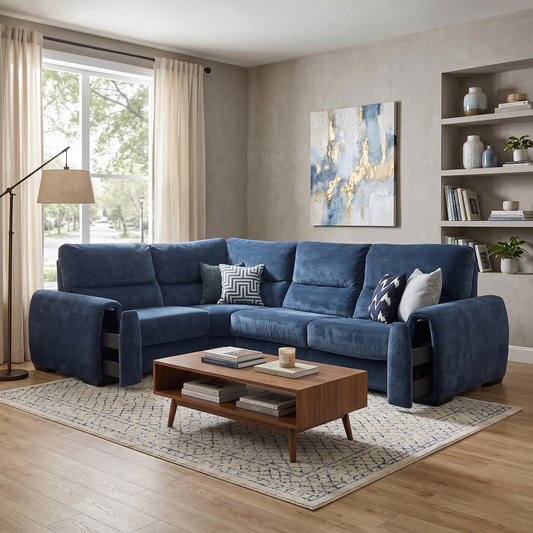 ‘Flex’ Fab-Can-R330 Steel Blue Fabric Small Corner Sofa Bed with Storage Arm Furniture Village