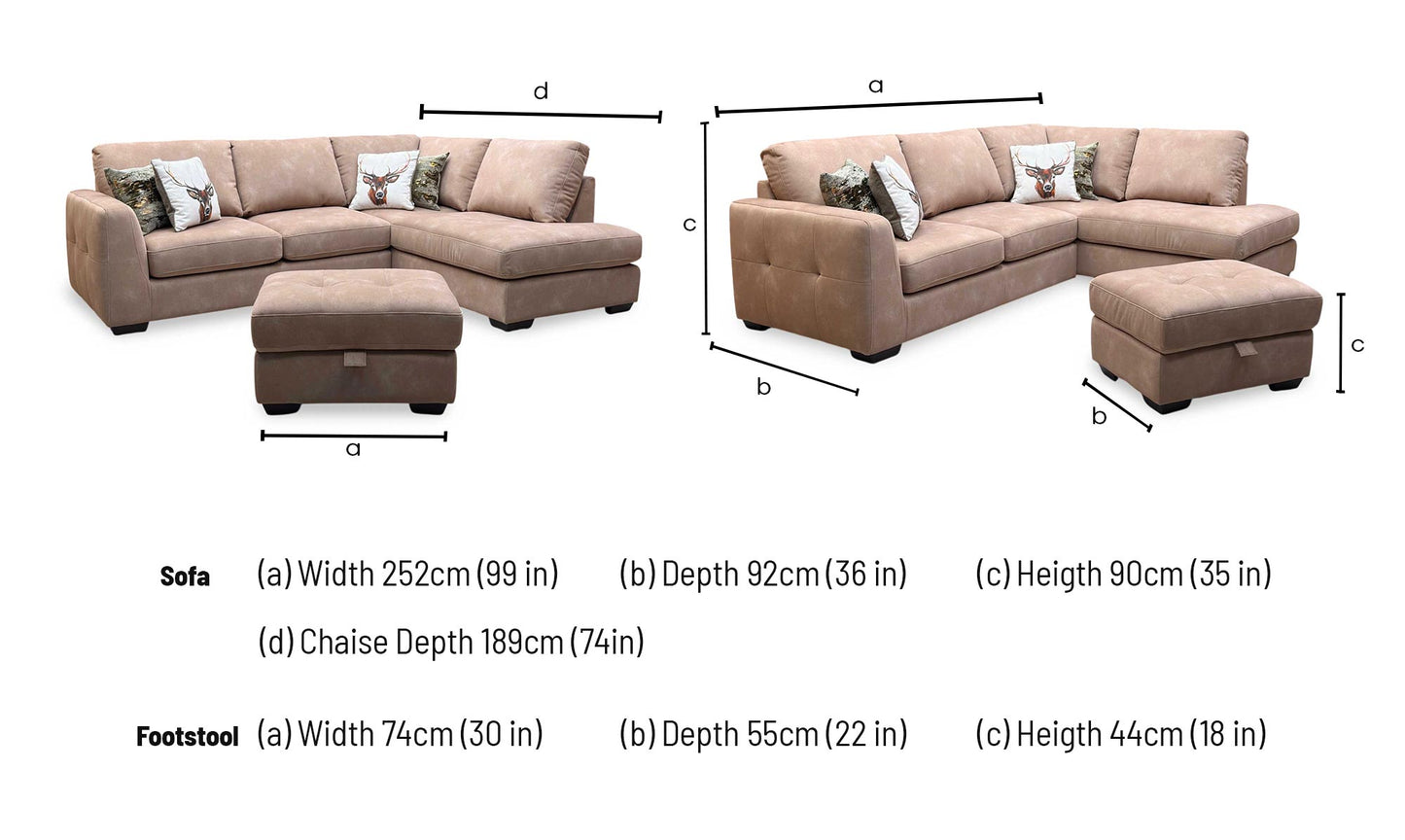 ‘Dinky’ Dexter Sand 43507 Fabric Corner Chaise End Sofa + Large Storage Footstool