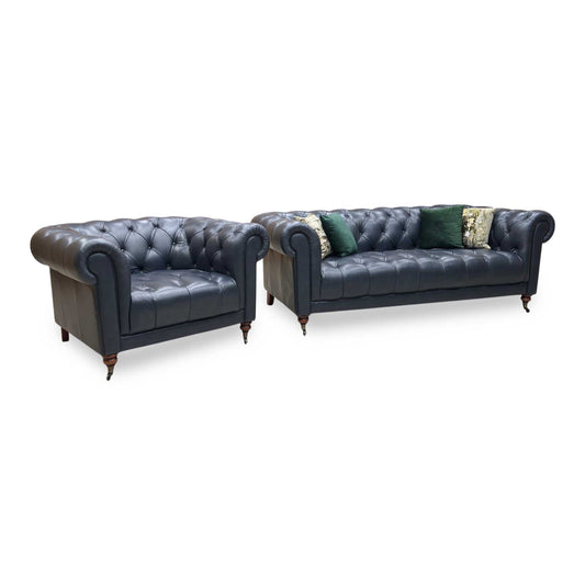 ‘Columbus’ Midnight Navy Blue Cat-200_85 Leather 3 Seater Sofa + Armchair