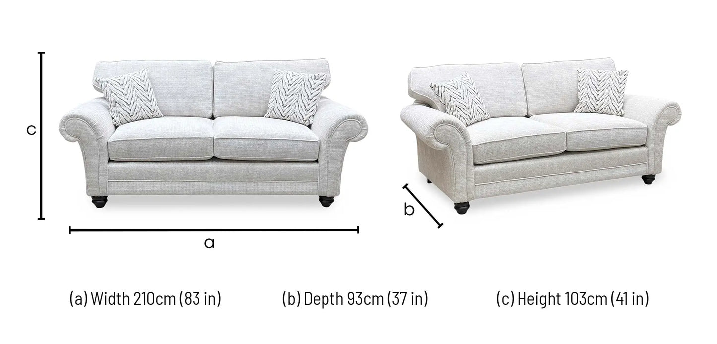 Technical dimensions blueprint and living room space planning floor footprint schematic for the ‘Clara’ Beige Woven Fabric 3-Seater Sofa.