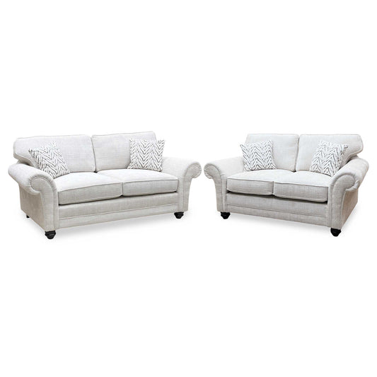Full View ‘Clara’ contemporary 3 and 2-seater stationary sofa set, beautifully upholstered in high-grade Beige woven fabric, featuring elegant tailored stitching and clean mid-century modern profiles.