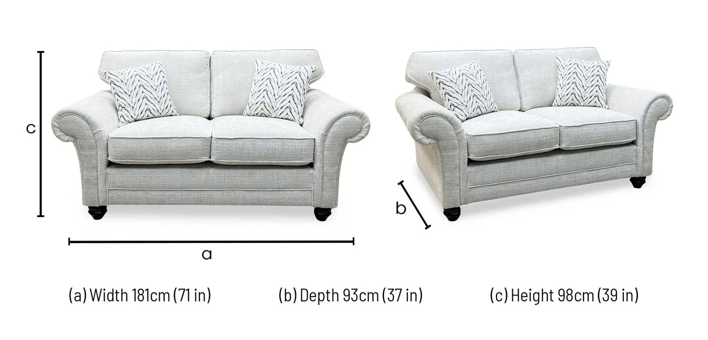 Technical dimensions blueprint and living room space planning floor footprint schematic for the ‘Clara’ Beige Woven Fabric 2-Seater Sofa.