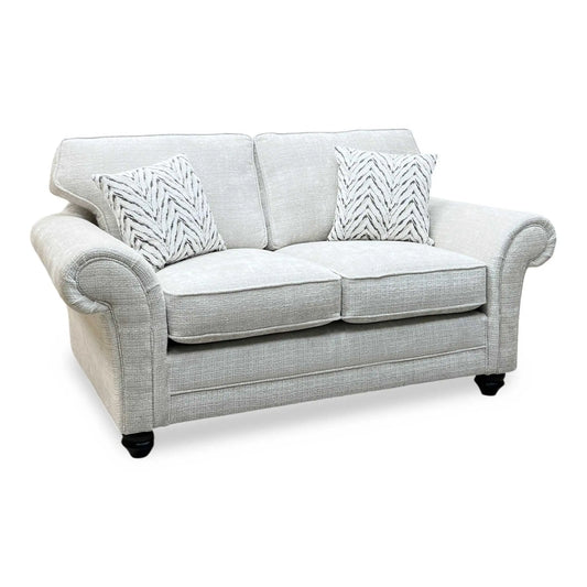 Full View ‘Clara’ contemporary 2-seater stationary sofa, beautifully upholstered in high-grade Beige woven fabric with a sleek modern design.
