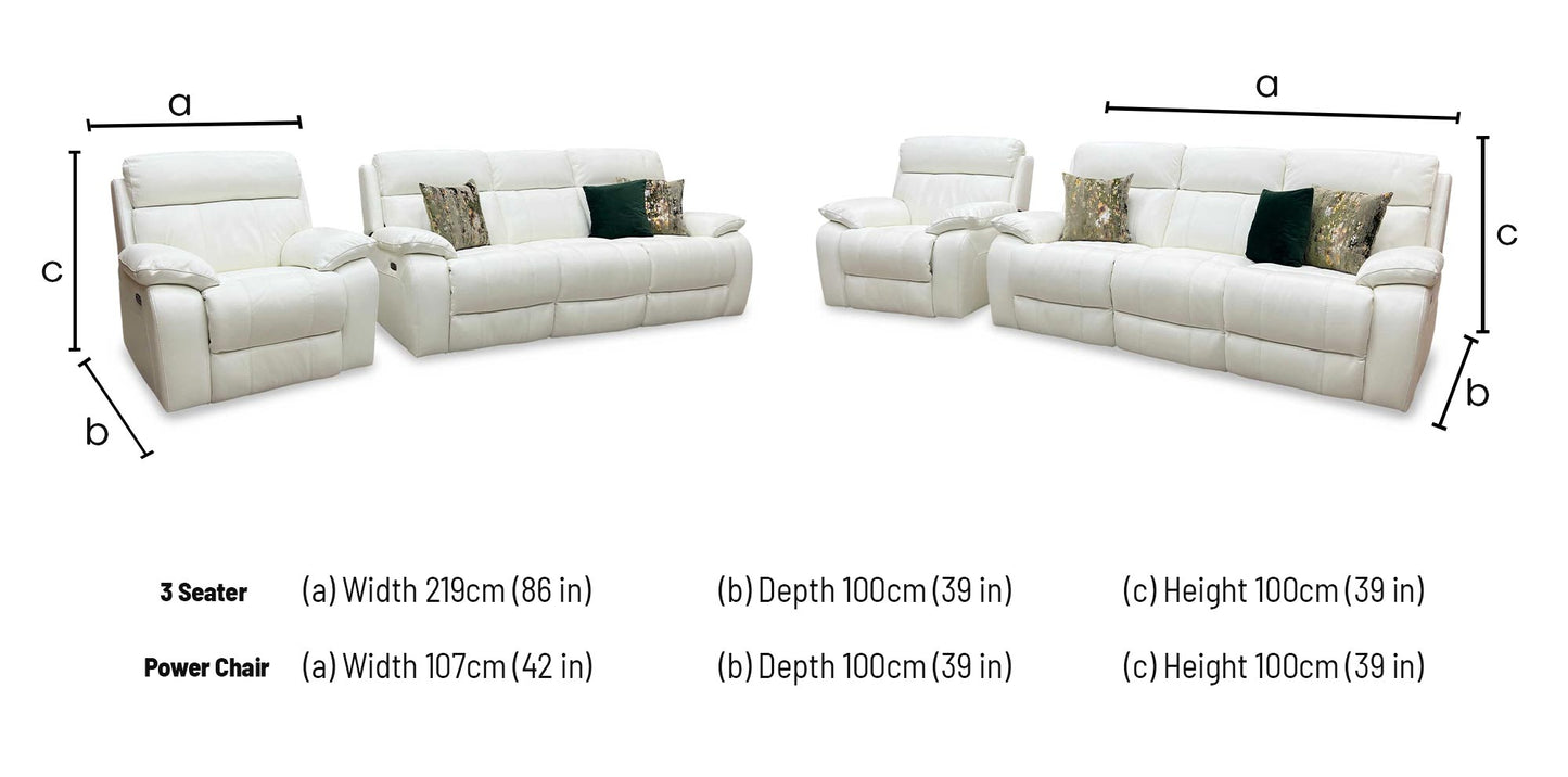 World of Leather ‘Moreno’ Nc-744d Star White Leather 3 Seater Power Recliner Sofa with Power Headrests + Power Chair