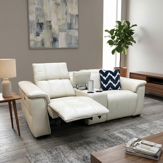 ‘Inca’ Cat-60_05 Bone China Cream Leather 2 Seater Power Recliner Sofa with Pop Up Light Console and Power Headrests