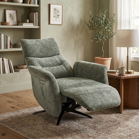 Designer Chair Collection ‘Dussledorf’ Fab-Coe-R801 Olive Green Fabric Power Recliner Swivel Chair
