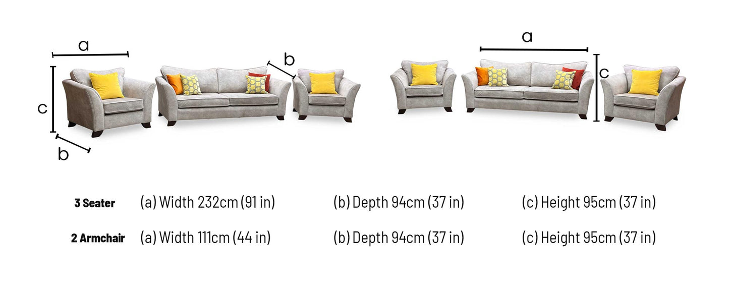 ‘Amora’ Dapple Cream Chrome Insert Fabric 3 Seater Sofa + Chair + Chair