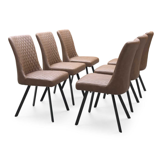 Full view of Earth Tan Brown faux leather dining chairs set of 6 full arrangement view. Modern industrial kitchen chair suite featuring rich tan upholstered seats, ergonomic curved backrests, and sleek black metal tapered legs.