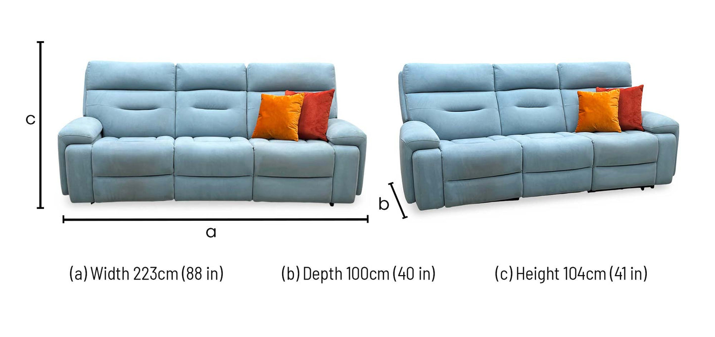 ‘Cinemax’ Vv-Velvet Blu Fabric 3 Seater 3 Cushion Media Arms Power Recliner Sofa with Power Headrests