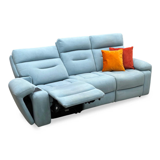 ‘Cinemax’ Vv-Velvet Blu Fabric 3 Seater 3 Cushion Media Arms Power Recliner Sofa with Power Headrests