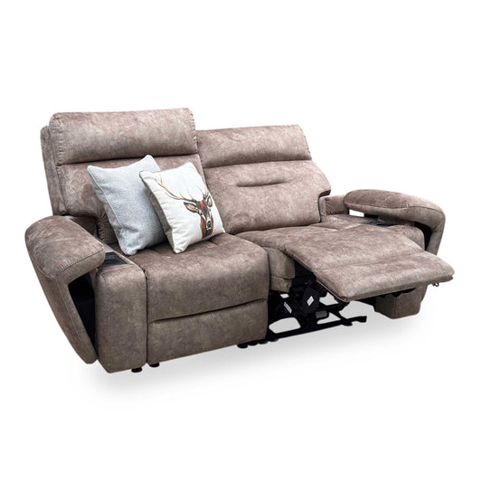 Full view of Cinemax Marble Classic Brown fabric 2-seater media power recliner sofa front view. Luxury home theater couch featuring plush padded seats, independent electronic footrests, power adjustable headrests, and a central smart console.