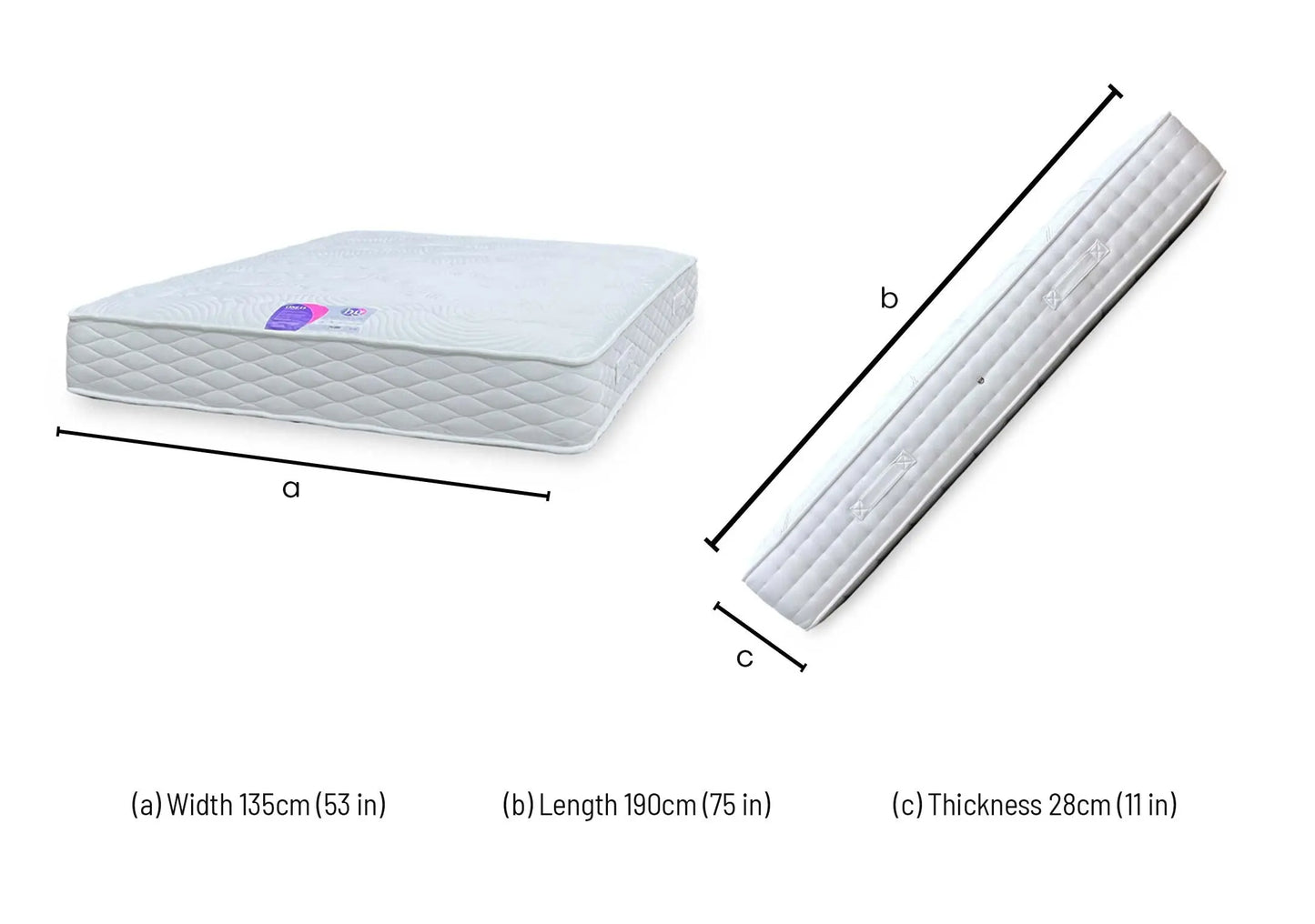 Technical dimensions blueprint and bedroom space planning layout schematic for the UK Double size ‘Harlech 1000 Pocket Spring Roll Up’ Mattress.