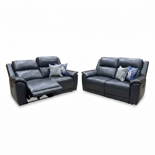 'Utah' Natural Milled Navy Blue La-4828 Leather 3 + 3 Seater Power Recliner Sofa Set with Power Headrests and Power Lumbar