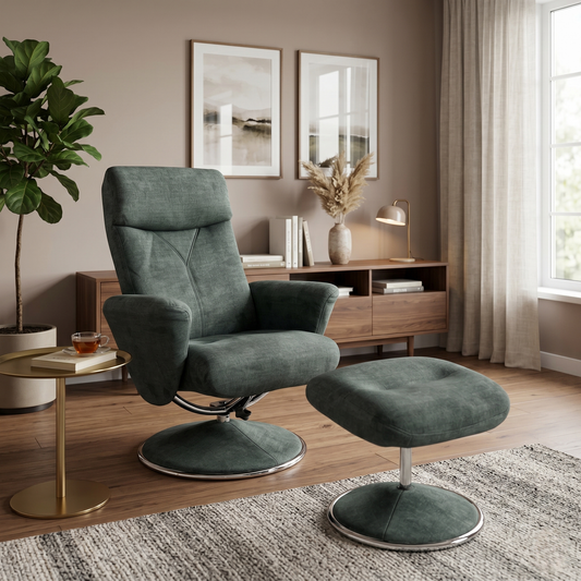 ‘Nice’ Moss Green Fabric Swivel Recliner Chair and Footstool
