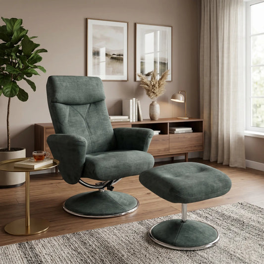 ‘Nice’ Moss Green Fabric Swivel Recliner Chair and Footstool - product photo 2