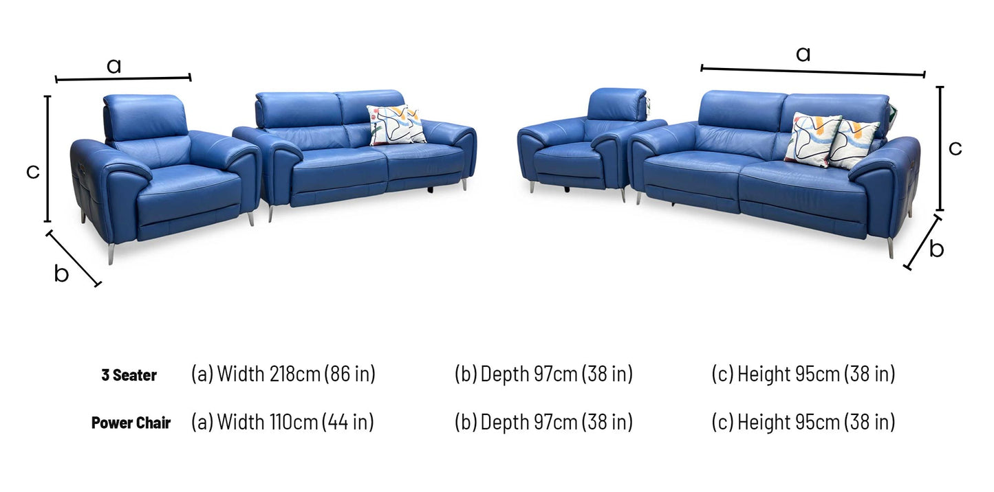 ‘Vino’ Cat-40_12 Aegean Blue Leather 3 Seater Power Recliner Sofa with Power Headrests and Heated Seats + Power Chair