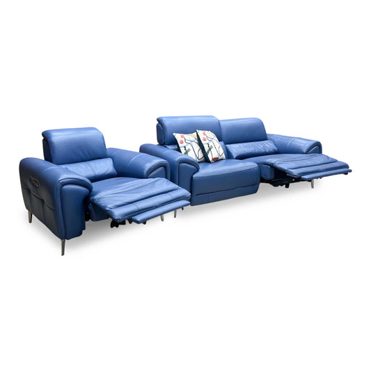 ‘Vino’ Cat-40_12 Aegean Blue Leather 3 Seater Power Recliner Sofa with Power Headrests and Heated Seats + Power Chair