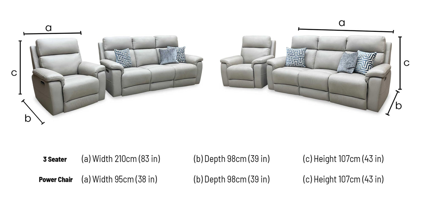 ‘Raven’ Oslo Light Grey Cat-40_27 Leather 3 Seater Power Recliner Sofa with Power Headrests + Power Chair