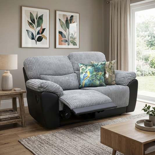 ‘Sienna’ Grey Jumbo Cord High Back 2 Seater Recliner Sofa