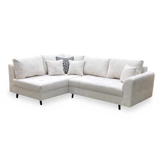 Full View ‘Rune’ contemporary left-hand facing corner chaise sofa, beautifully upholstered in an ultra-soft, wide-groove Grey corduroy fabric.