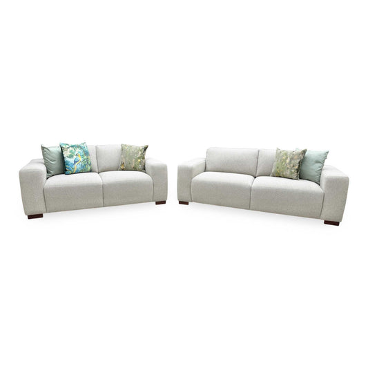 Full View ‘Michelle Keegan Home Cortes’ contemporary 3-seater and 2-seater sofa suite, beautifully tailored in textured natural cream fabric upholstery.