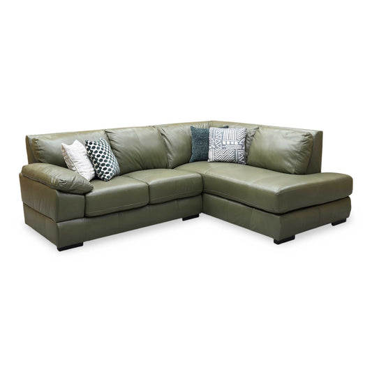Full View ‘Marlow’ contemporary right-hand facing corner chaise sofa, beautifully tailored in luxurious, high-grade Olive Green Italian leather upholstery.