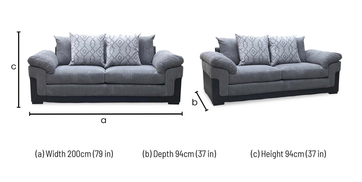 ‘Marissa’ Grey Jumbo Cord 3 Seater Sofa