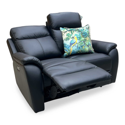 Full View ‘Kingsmere’ contemporary 2-seater power recliner sofa, beautifully upholstered in high-grade matte Black Leather.