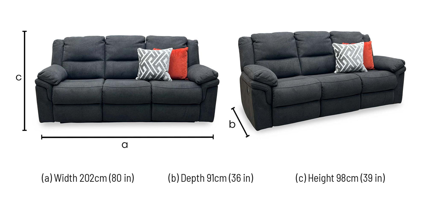 Technical dimensions blueprint and space planning layout schematic for the ‘Albion’ Grey Chenille 3-Seater High Back Manual Recliner Sofa.