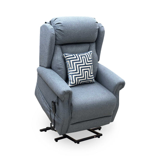 Full View ‘Edin’ contemporary electric mobility armchair, beautifully upholstered in a durable, soft Grey fabric with an ergonomic high-back design.