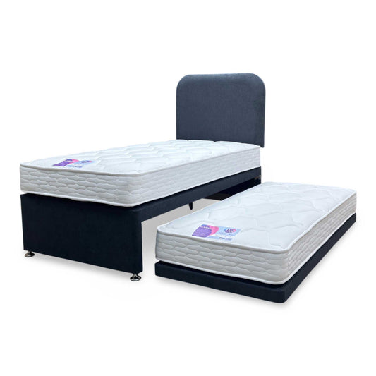 Full View ‘Billy’ space-saving single guest bed, beautifully upholstered in a modern Carbon Grey fabric, shown complete with two matching single mattresses.