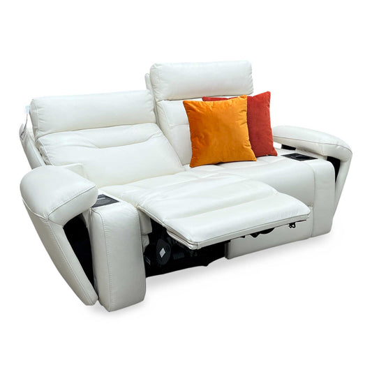 Full View ‘Cinemax’ contemporary smart home cinema suite, showcasing a luxury 2-seater power recliner sofa with an integrated central media console arm upholstered in premium LE-9307 White leather.