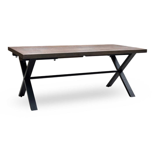 Full View ‘Mars’ contemporary 190cm dining table, showcasing a beautifully finished Dark Oak solid oak tabletop paired with robust, architectural X-shaped wooden legs.