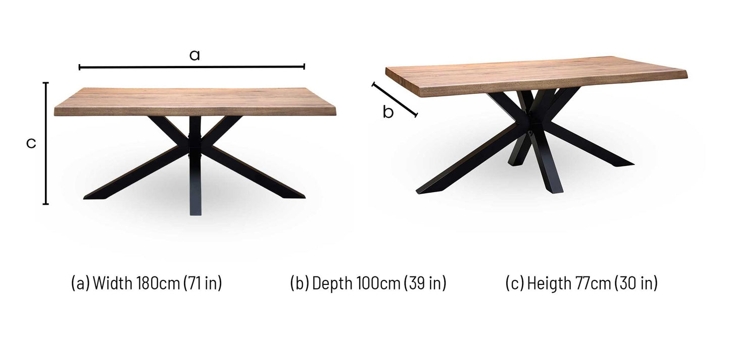 Bodahl 'Njord' 6 Old Bassano Solid Oak Raw Edge 180cm Dining Table with Metal Star Base