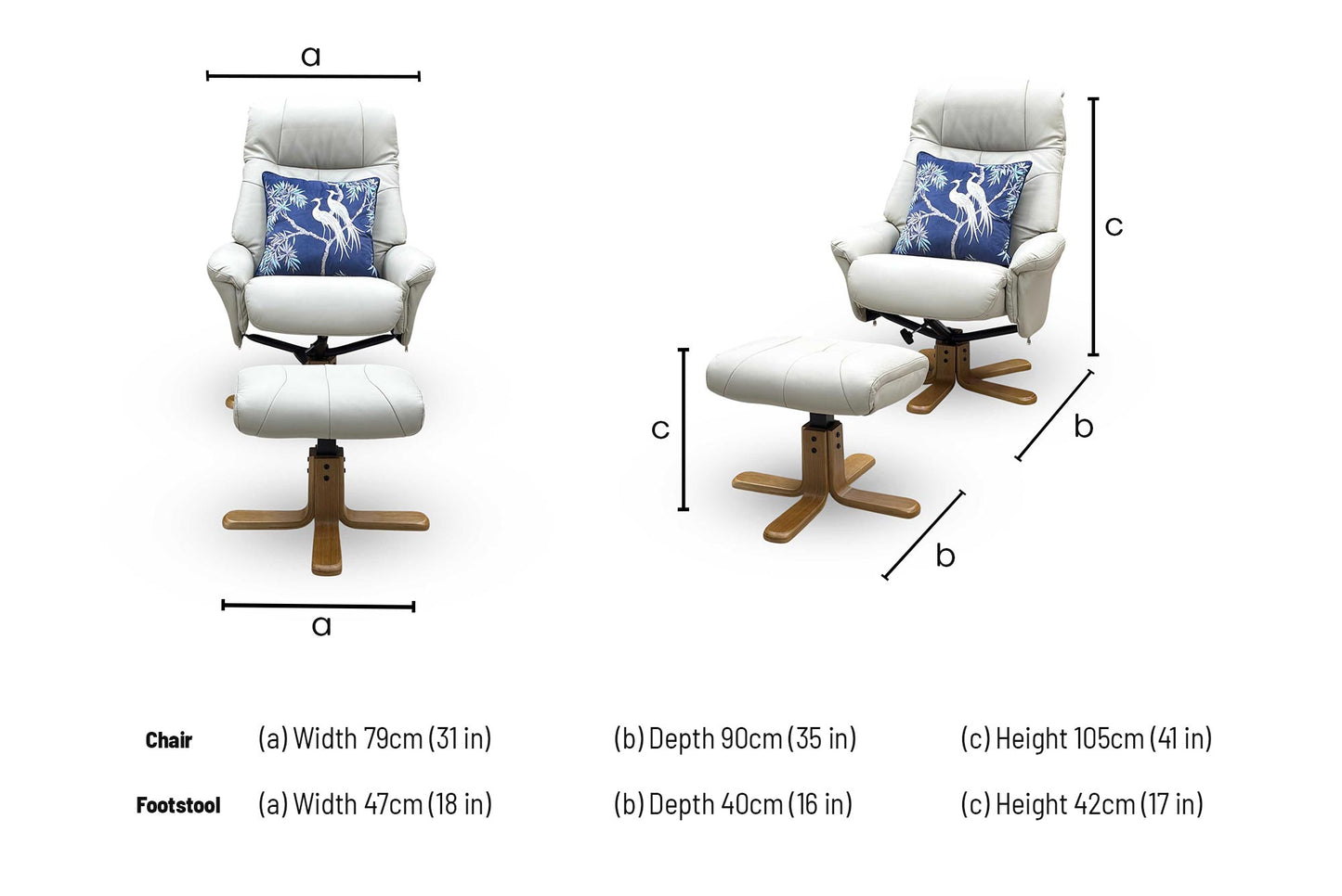 ‘Muscat’ Mushroom Light Grey Leather Swivel Recliner Chair and Footstool