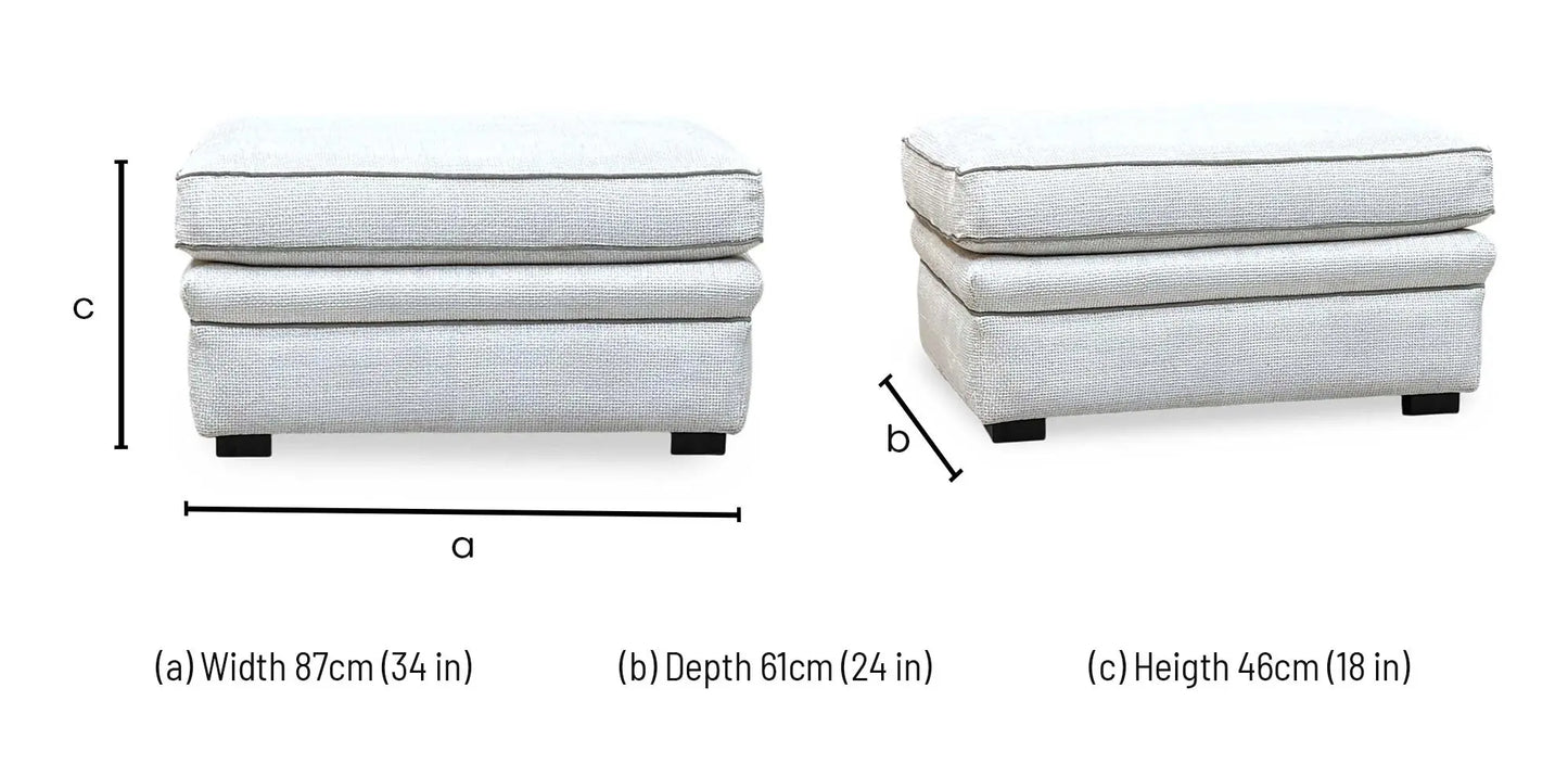 Technical dimensions blueprint and space planning layout schematic for the ‘Duresta Waldorf’ Ivory White Fabric with Grey Piping Footstool.