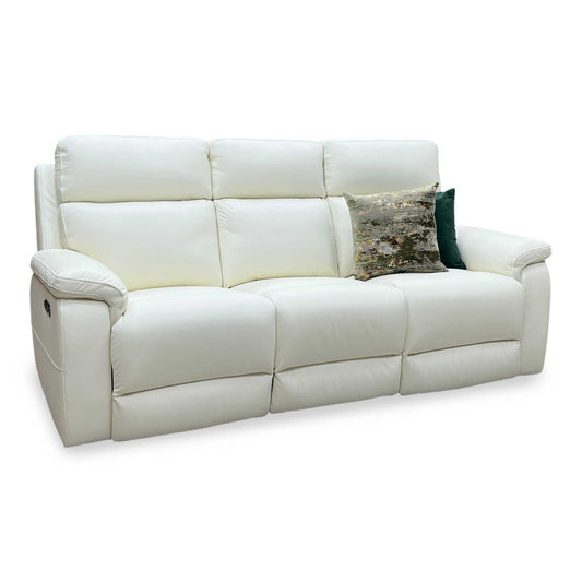 Full View ‘Raven’ contemporary living room suite, showcasing a luxury 3-seater power recliner sofa beautifully upholstered in pristine Oslo Cotton White Category 40_13 premium leather.