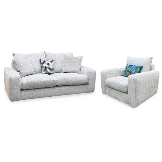 Full View ‘Pandora’ contemporary living room furniture suite, featuring a 3-seater sofa and a matching accent armchair beautifully upholstered in high-grade Chevron Silver fabric.