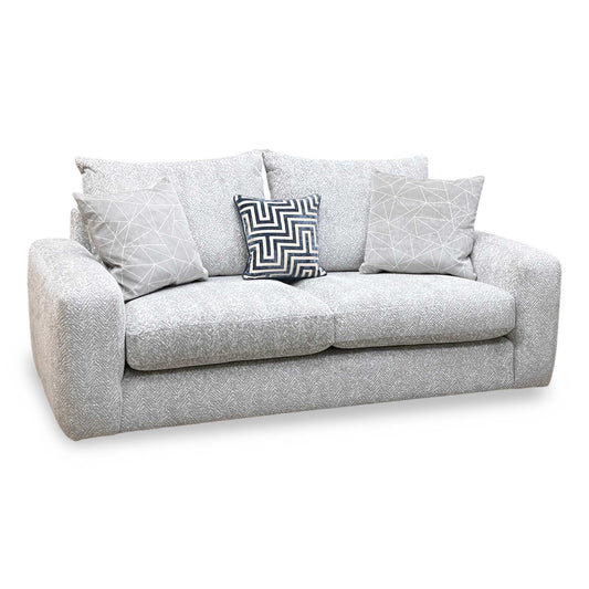Full View ‘Pandora’ contemporary living room suite, showcasing a luxury 3-seater sofa beautifully upholstered in a stylish Chevron Silver fabric with elegant structural lines.