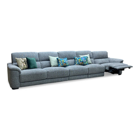 Full View ‘Nova’ contemporary extra-large living room suite, showcasing a luxury 5-seater power recliner sofa beautifully upholstered in Fab Cac R450 Gun Metal Grey fabric.