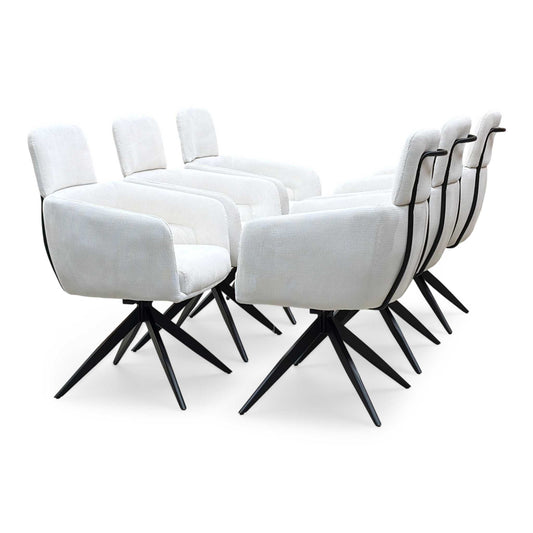 Full View ‘Jason’ contemporary dining room seating suite, featuring a matching set of 6 swivel dining chairs beautifully upholstered in a clean, modern white corduroy fabric.